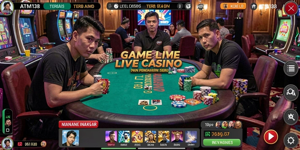 Screenshot utama ATM138 menampilkan dealer langsung dalam permainan Live Casino.
