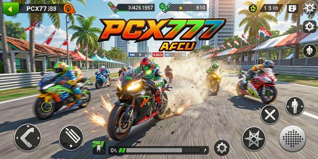 Screenshot gameplay PCX777 yang menunjukkan aksi balapan motor yang intens.