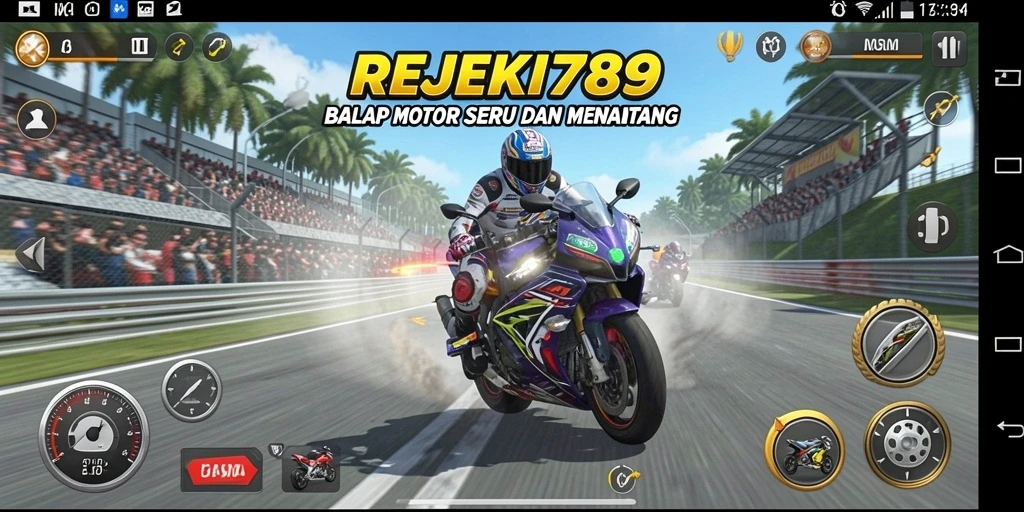Tampilan gameplay mendebarkan dari REJEKI789 balap motor.