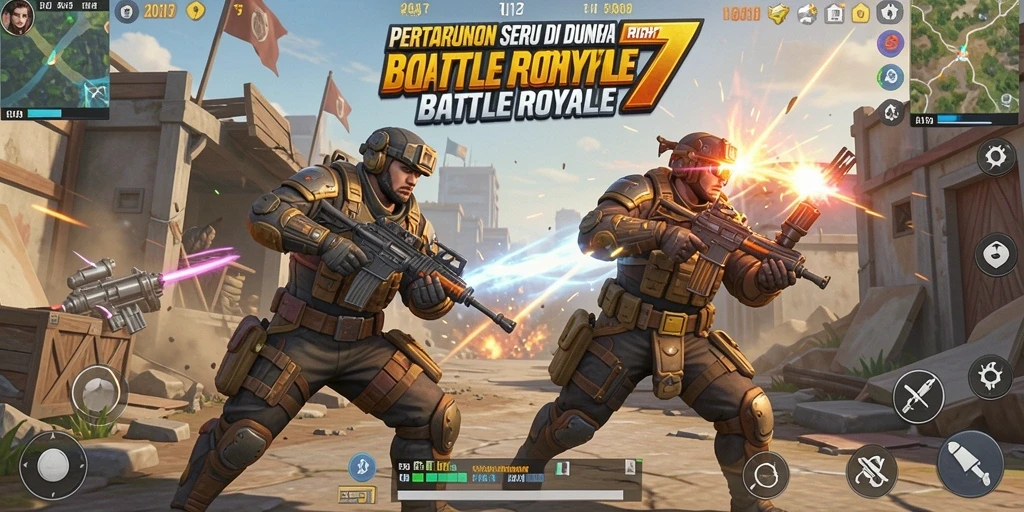Screenshot utama RICH7 menampilkan aksi pertempuran intens di medan perang.
