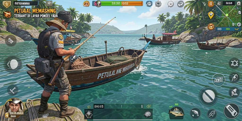 Tampilan gameplay RR44 dengan aksi seru memancing ikan.