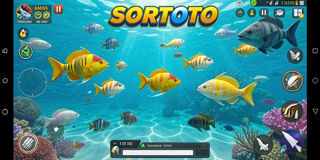 Tampilan gameplay SORTOTO yang seru dengan aksi menembak ikan.