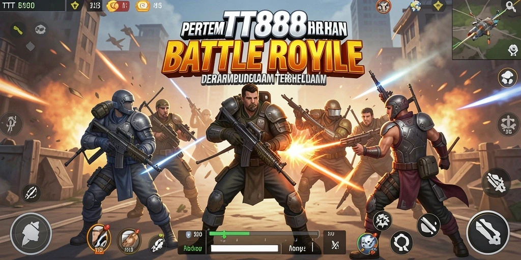 Screenshot TTT888 menampilkan aksi pertempuran intens di medan perang Battle Royale.