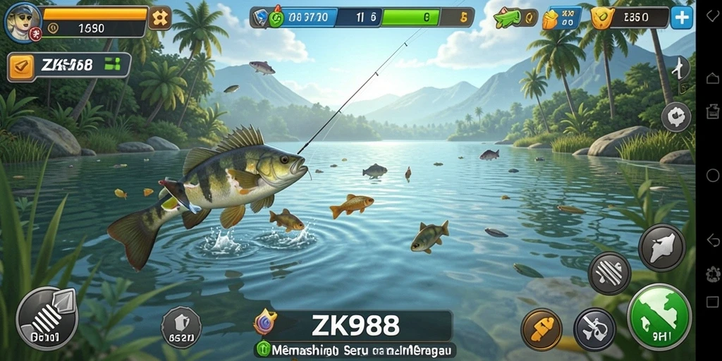 Screenshot gameplay ZK988 menampilkan aksi memancing yang mendebarkan.